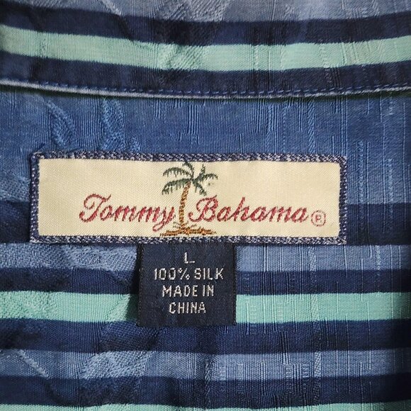 Tommy Bahama Shirt Mens Large Blue Green 100% Silk Relax Striped Hawaiian Camp - Picture 5 of 12